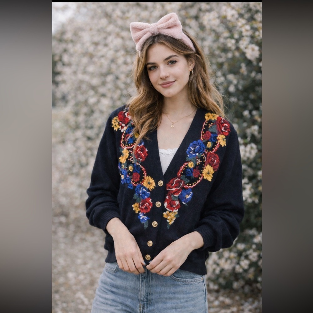 Vintage JH Collectibles 100% Wool Knit Cardigan Sweater Medium Floral Chunky
